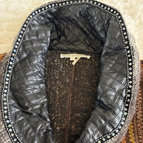 Standout Sweater! Cardigan Size Large Browns and Golds Rhinestone, Faux Leather - Picture 2 of 10